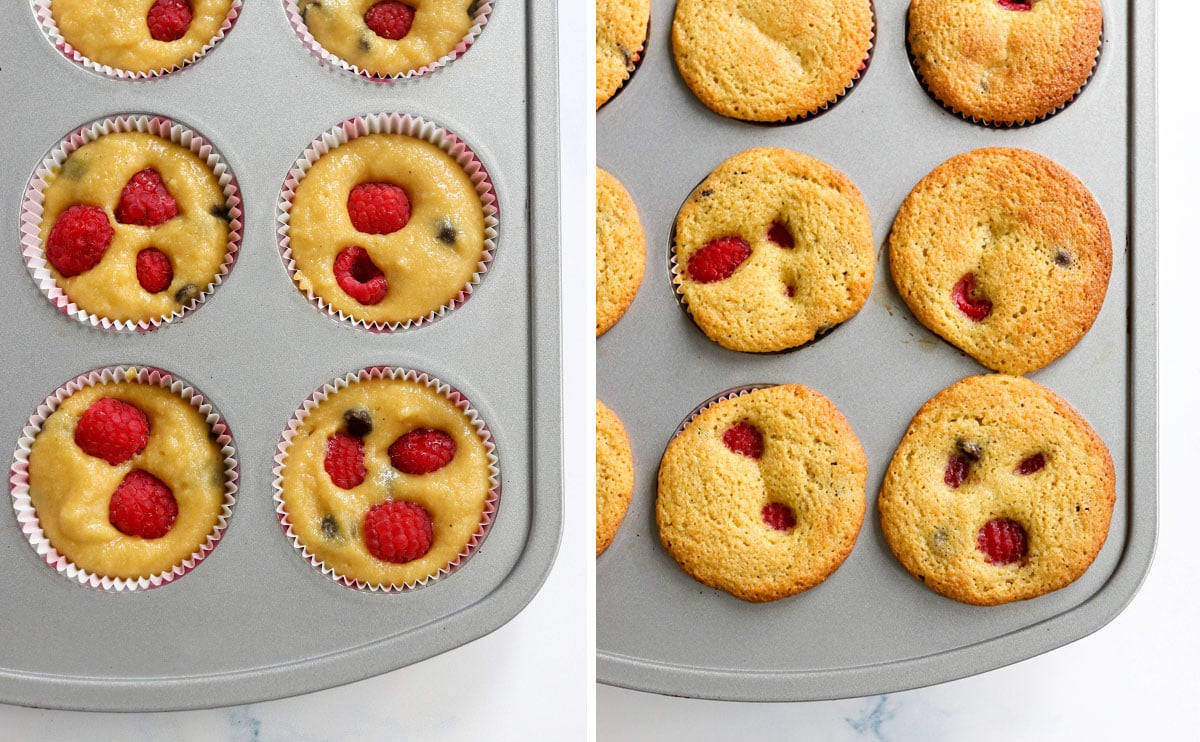 before and after baked raspberry muffins in pan