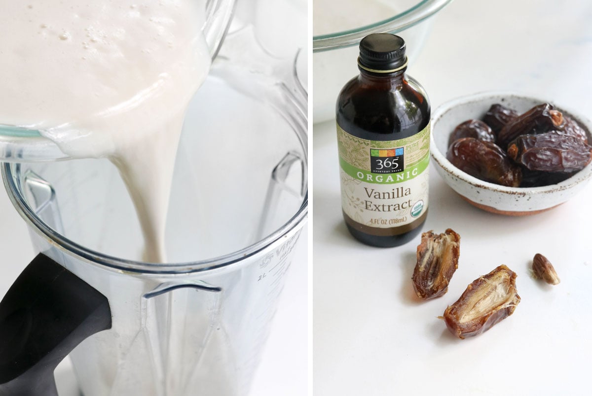 almond milk added back into blender with dates and vanilla