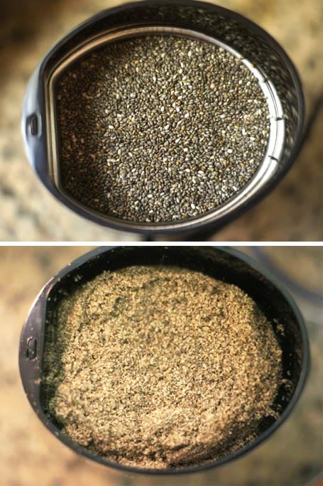 black chia seeds ground in a coffee grinder