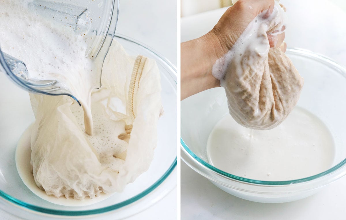 almond milk poured into nut milk bag and squeezed into bowl