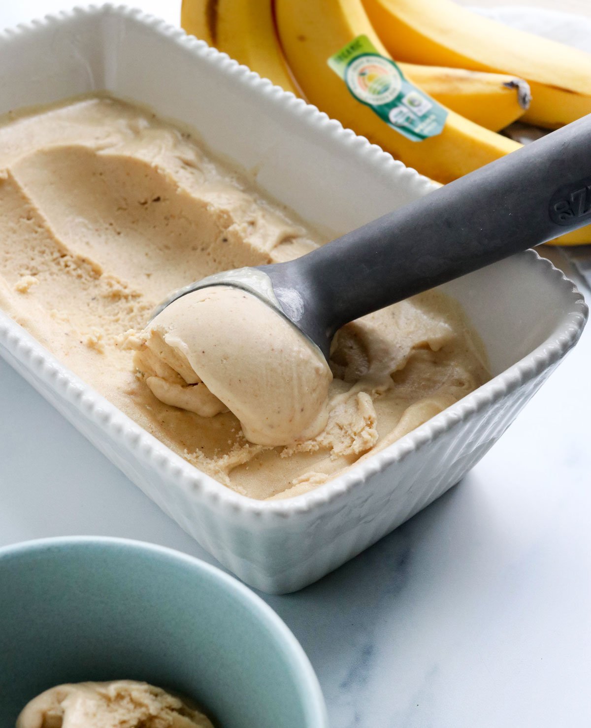 peanut butter banana ice cream scooped in container