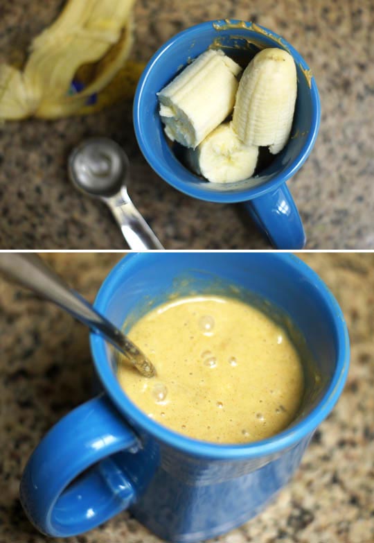 mixing components of peanut butter banana mug cake  Peanut Butter Banana Mug Cake banana mush