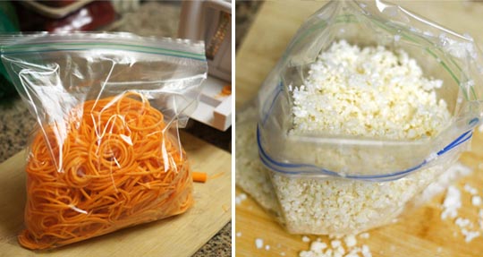 carrot spirals and cauliflower rice in bags
