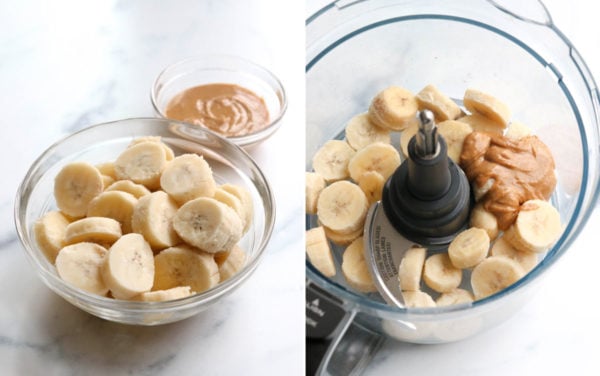 frozen bananas added to food processor with peanut butter