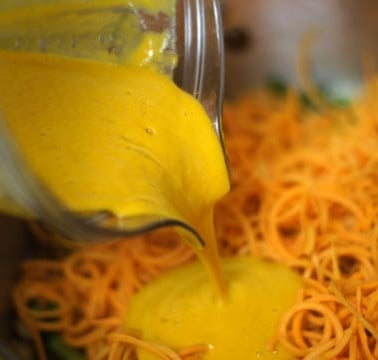 roasted red pepper cream sauce poured out of blender