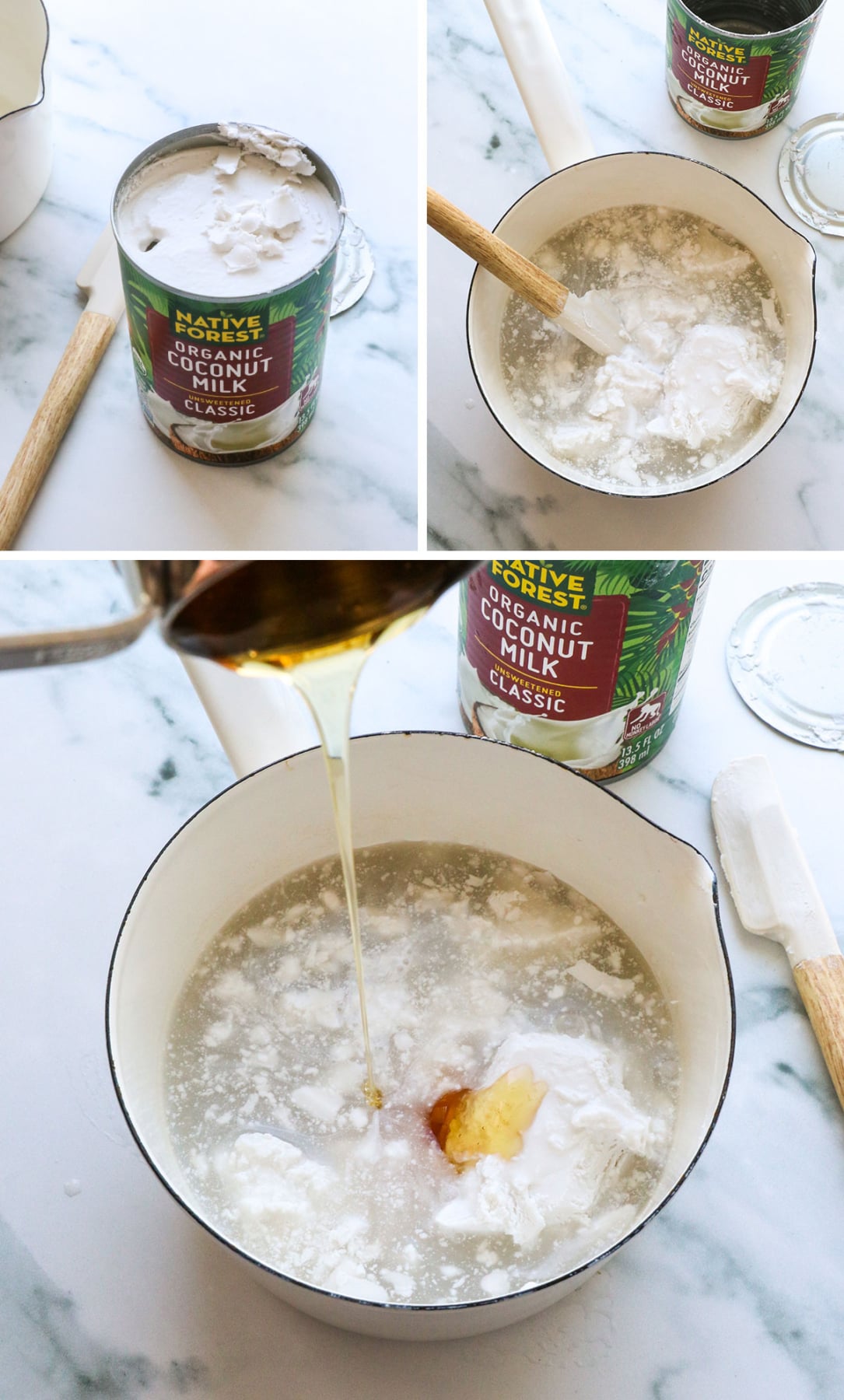 canned coconut milk added to a saucepan with honey.