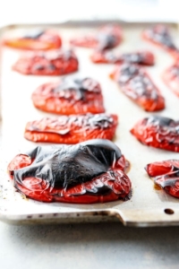 roasted red peppers on pan