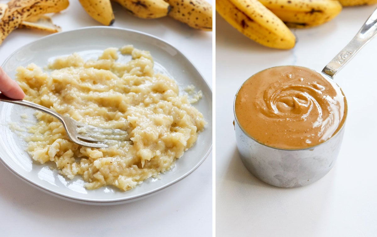 mashed banana on plate and cup of peanut butter