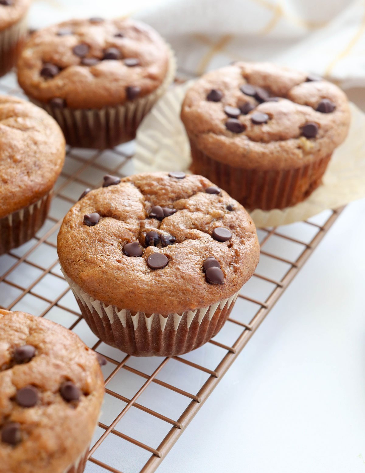 peanut butter banana muffins with chocolate chips on top