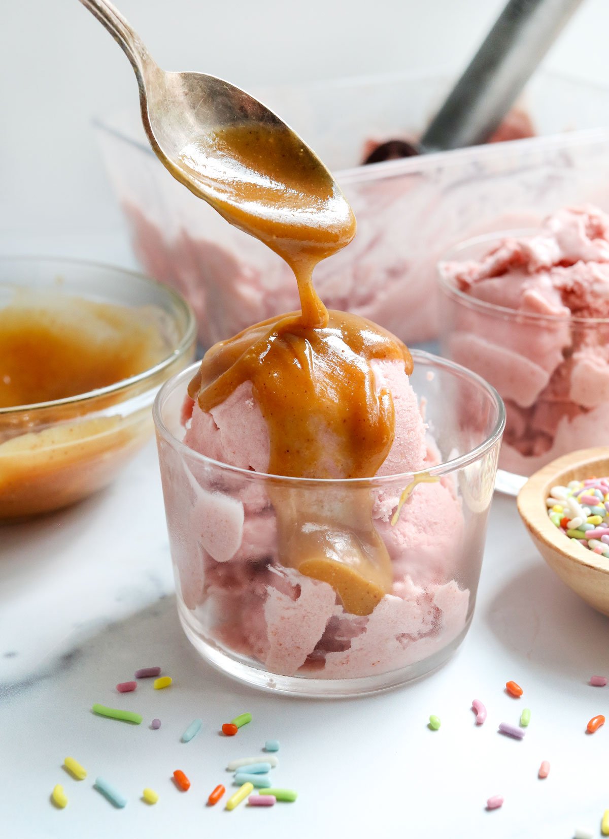 peanut butter magic shell added to ice cream