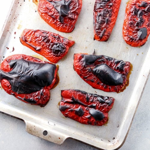 roasted red peppers overhead on pan