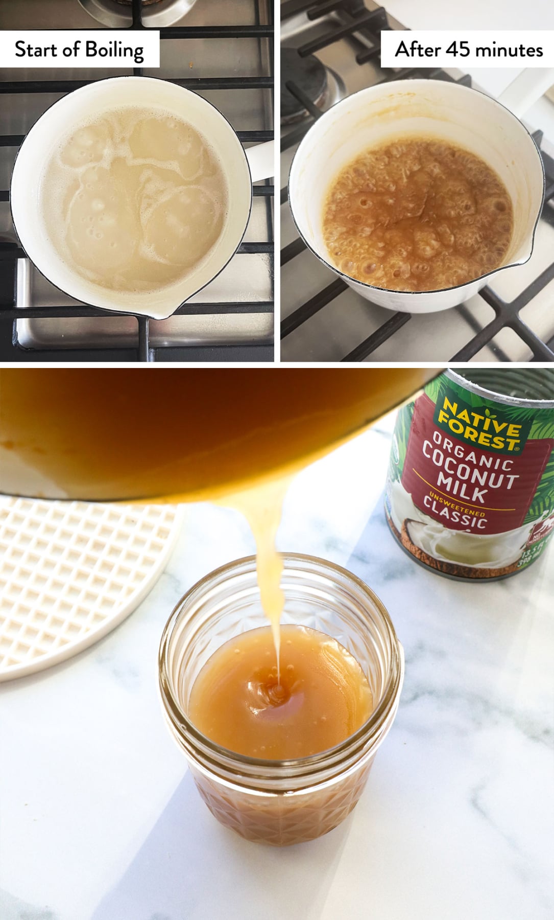 boiled sweetened condensed coconut milk poured into a glass jar.