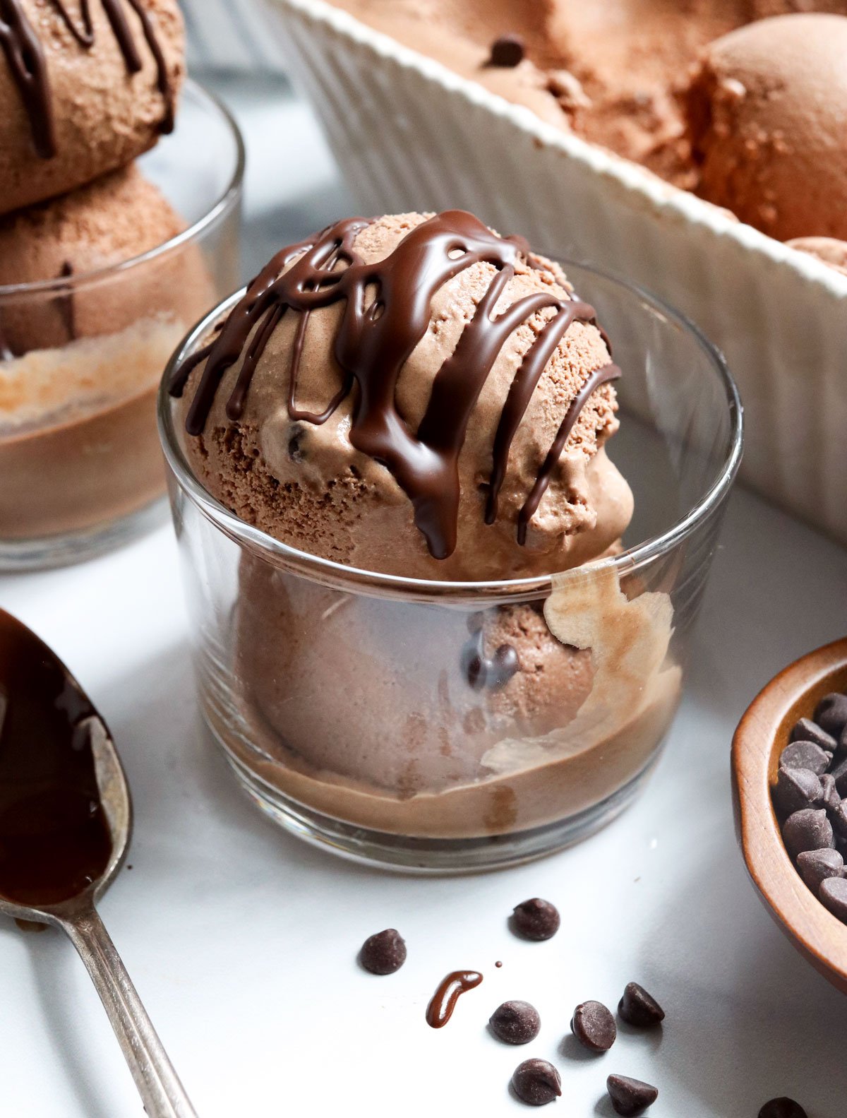 chocolate coconut milk ice cream with chocolate sauce on top