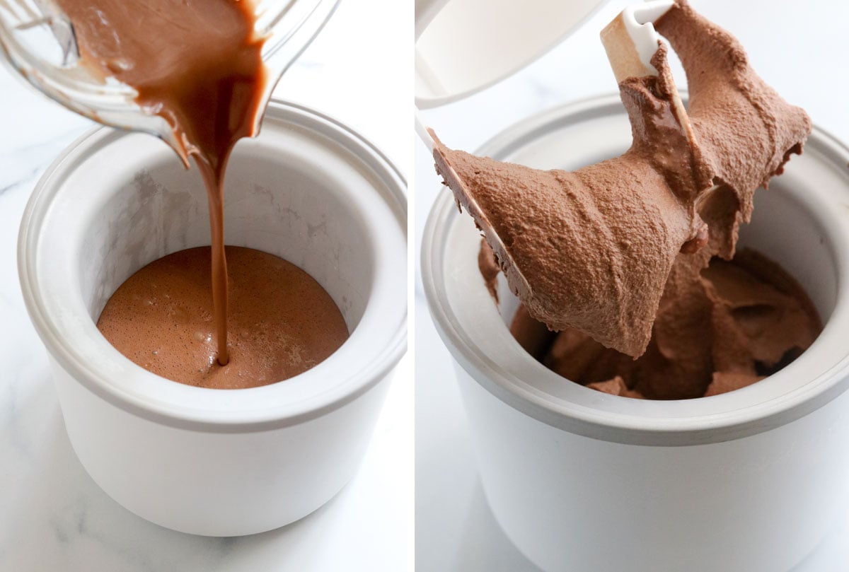 chocolate coconut milk ice cream poured into ice cream maker and frozen