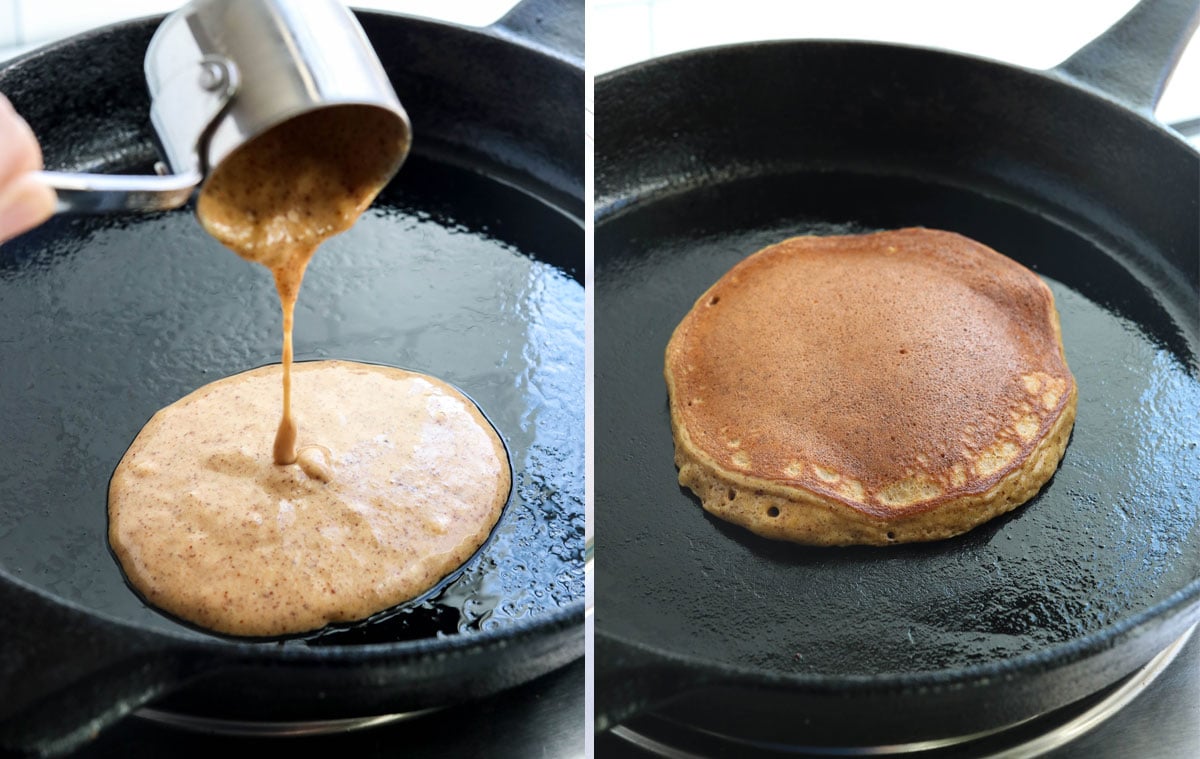 cooking paleo pancakes in skillet