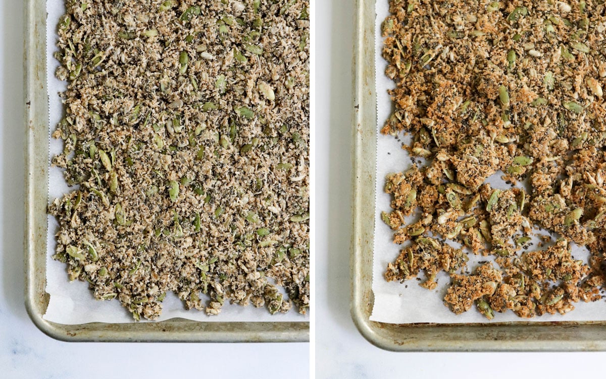 before and after baked granola on pan