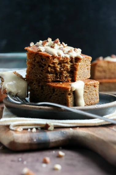 healthy pumpkin bars stacked on plate