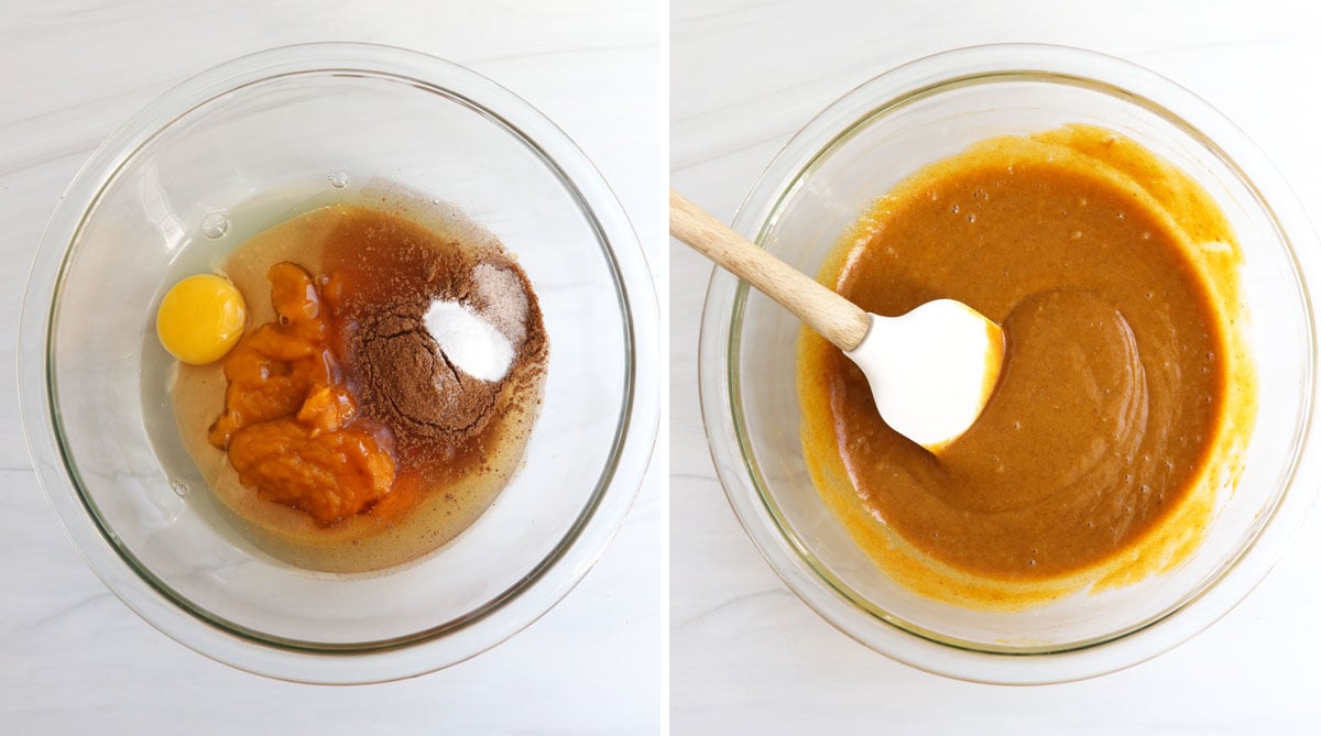 pumpkin bar ingredients mixed in glass bowl