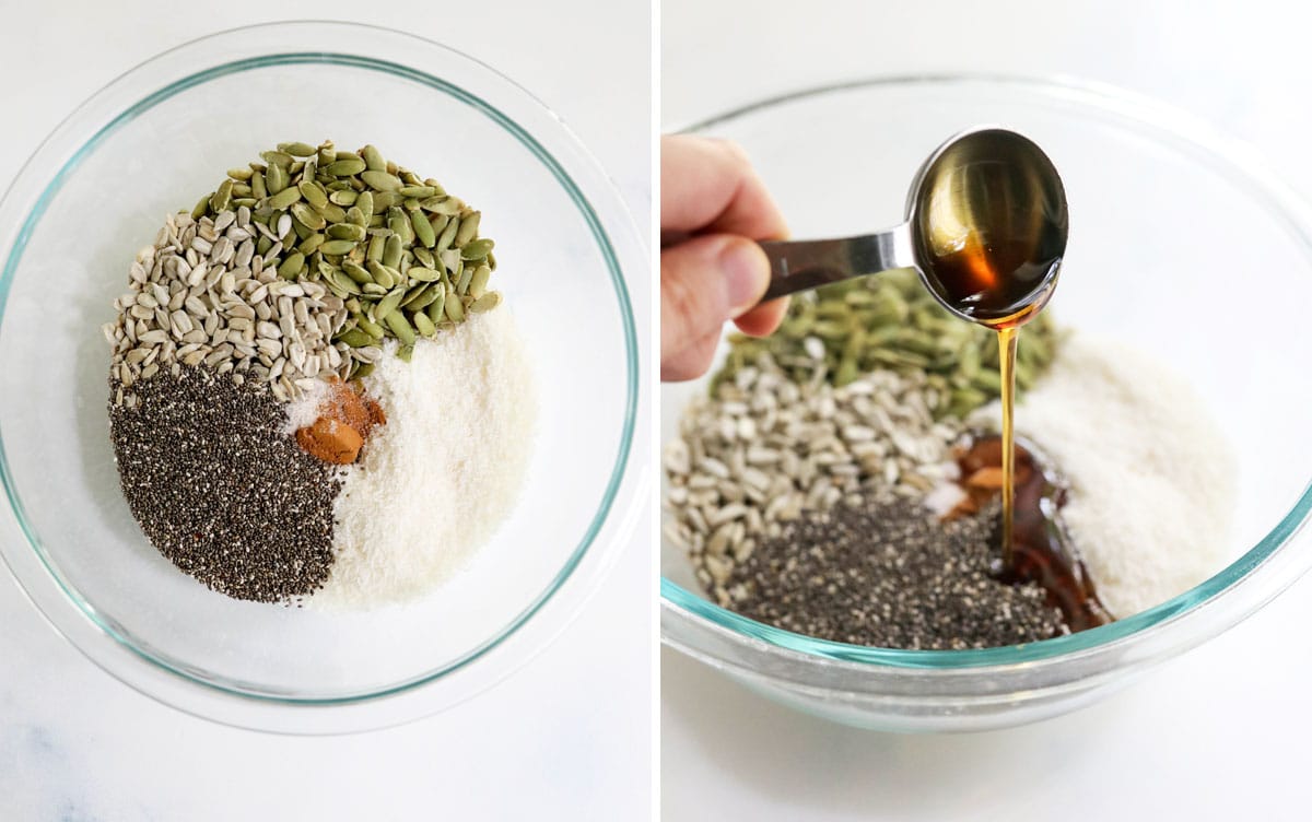 maple syrup added to pumpkin seeds in bowl