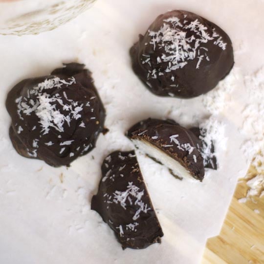 mounds truffles with coconut shavings on top