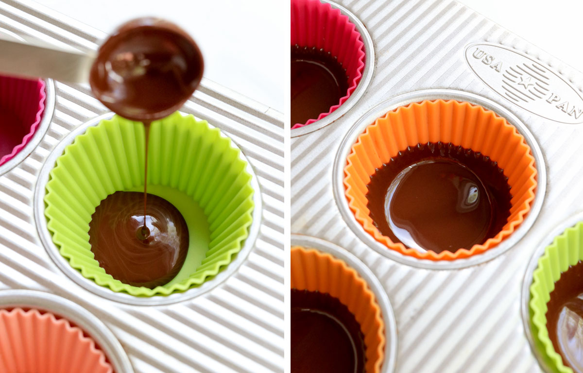 teaspoon of chocolate added to muffin cups.