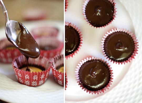 putting chocolate topping on homemade peanut butter cups