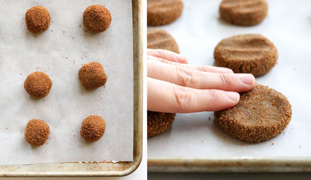 fingers flattening cookies on the pan