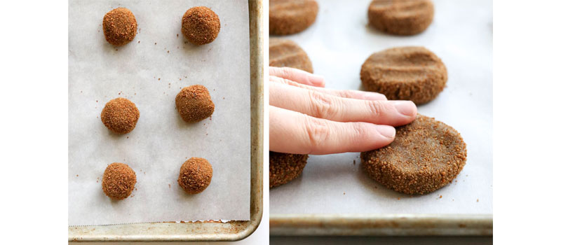 fingers flattening the ginger cookie balls
