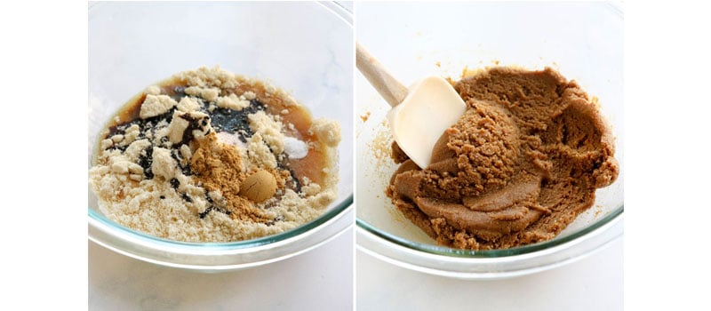 ginger cookie ingredients mixed together in glass bowl