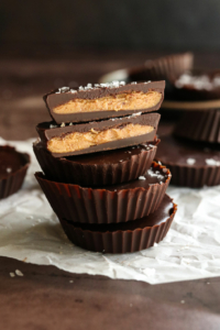 peanut butter cup sliced in half and stacked.