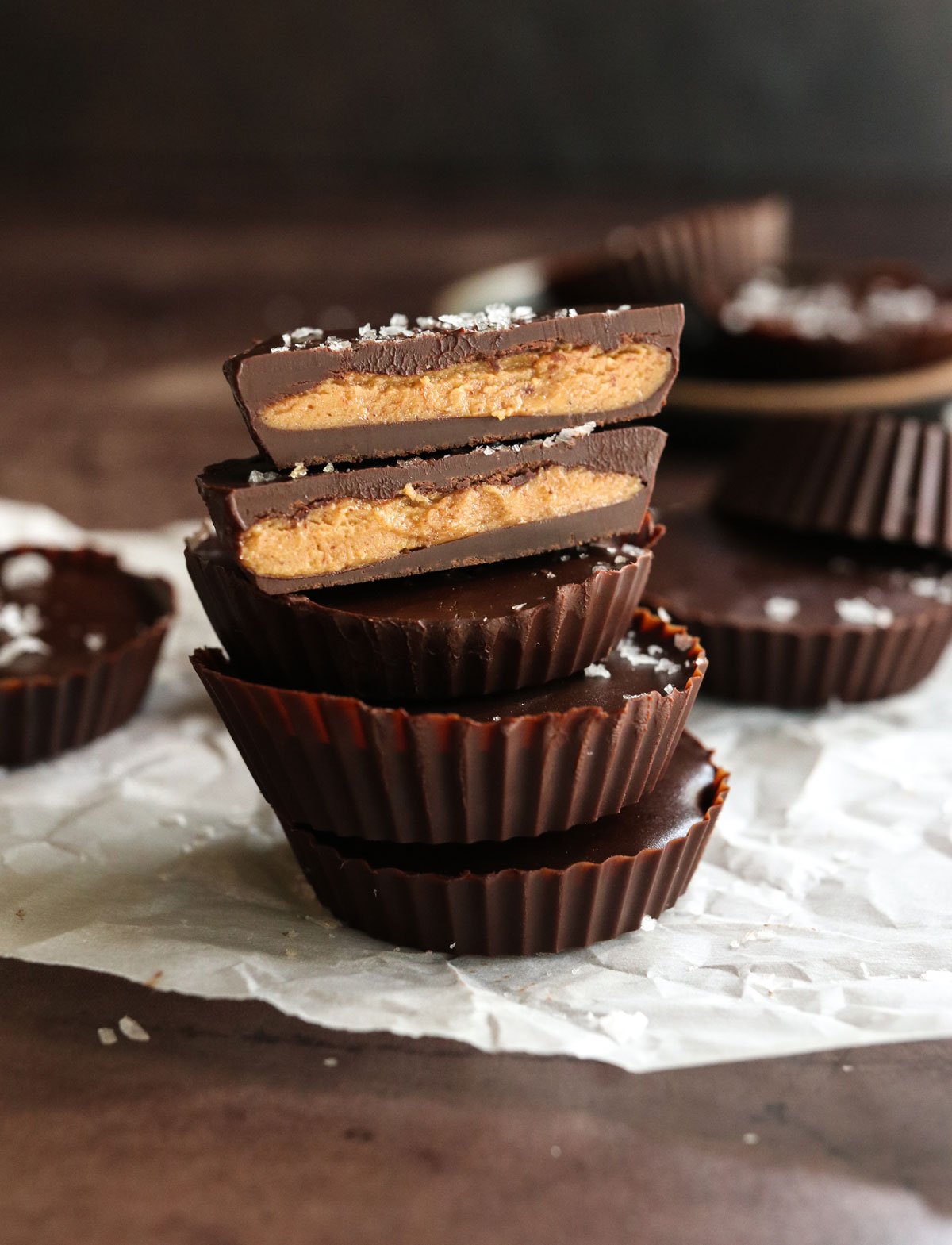 peanut butter cup sliced in half and stacked.