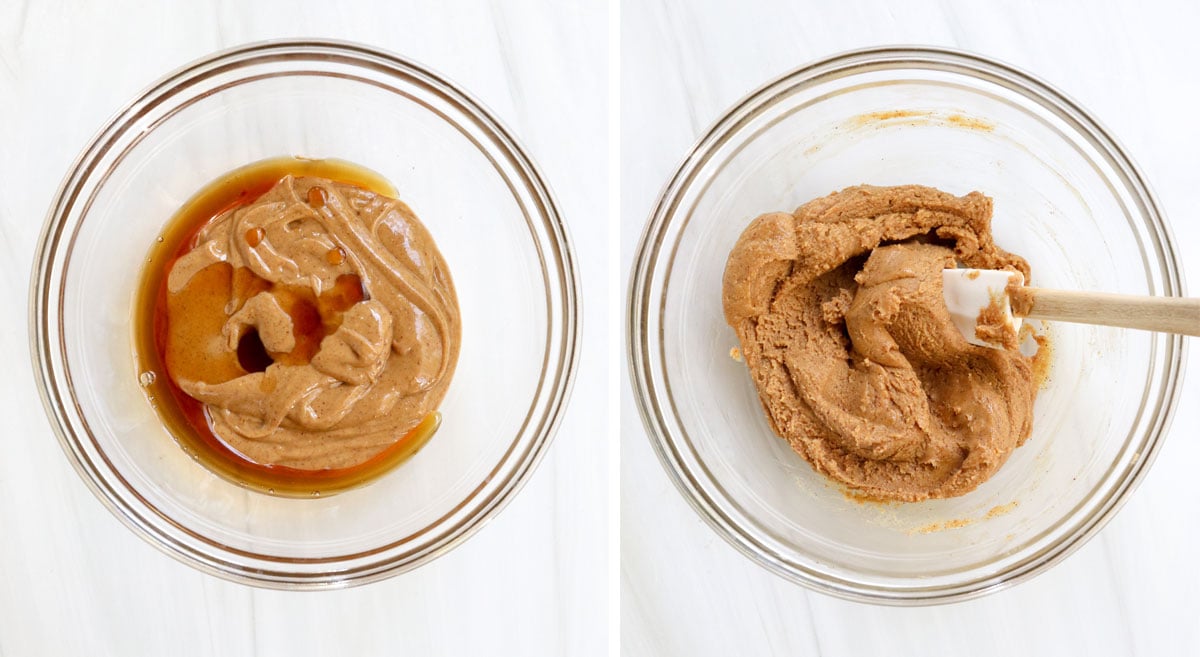peanut butter and maple syrup mixed together in glass bowl.