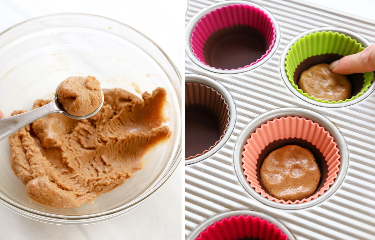 peanut butter mixture added to chocolate cups.