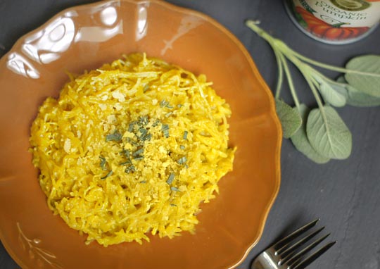 creamy pumpkin and sage pasta on a plate