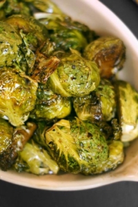 balsamic roasted brussels sprouts overhead in dish