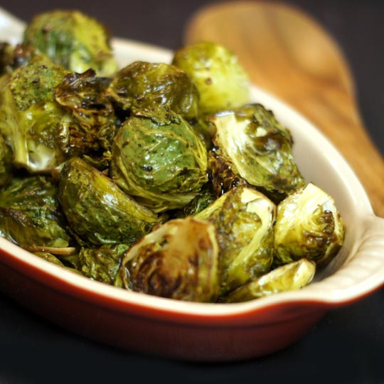 balsamic roasted brussels sprouts in a baking dish