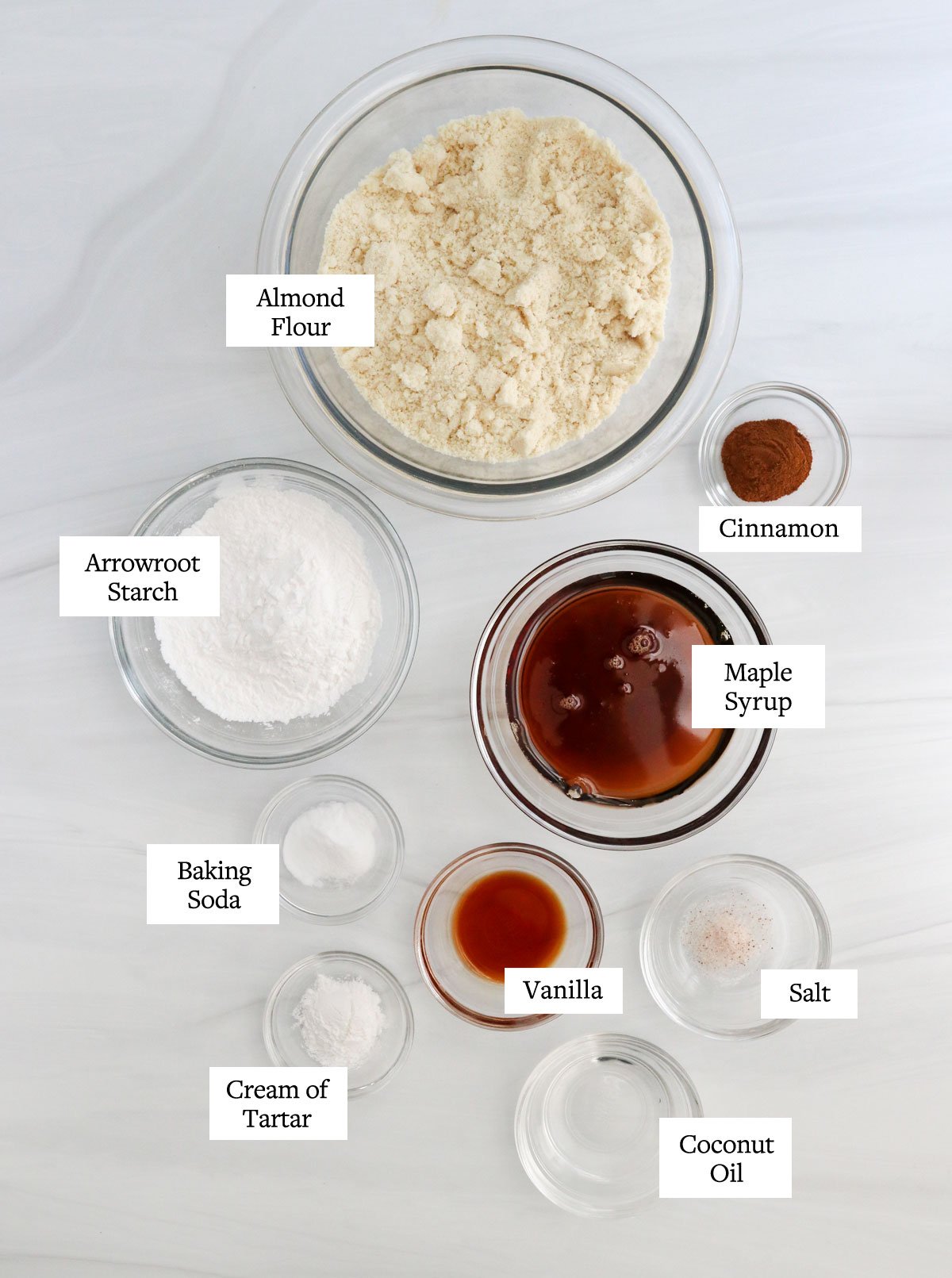 almond flour snickerdoodle ingredients in small glass bowls