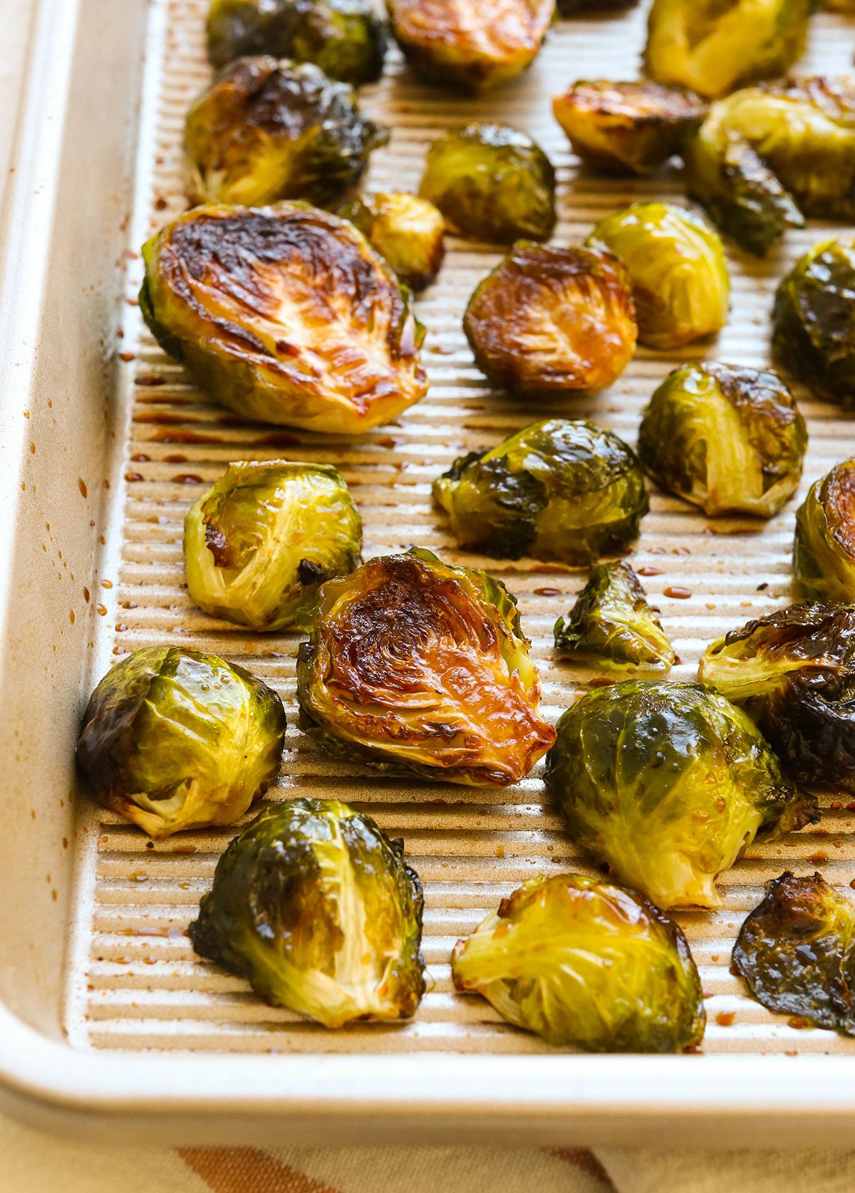 balsamic roasted brussels on a pan.