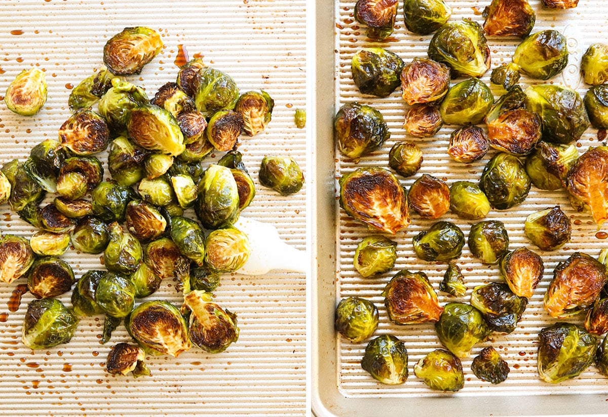 roasted brussels tossed with balsamic vinegar mixture on pan.