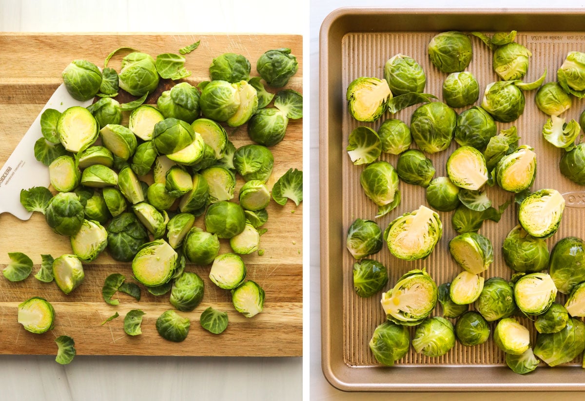 sliced brussels on a cutting board and added to a pan with olive oil.