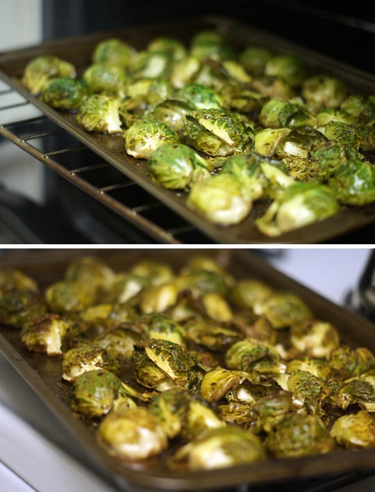 pan of balsamic roasted brussels sprouts