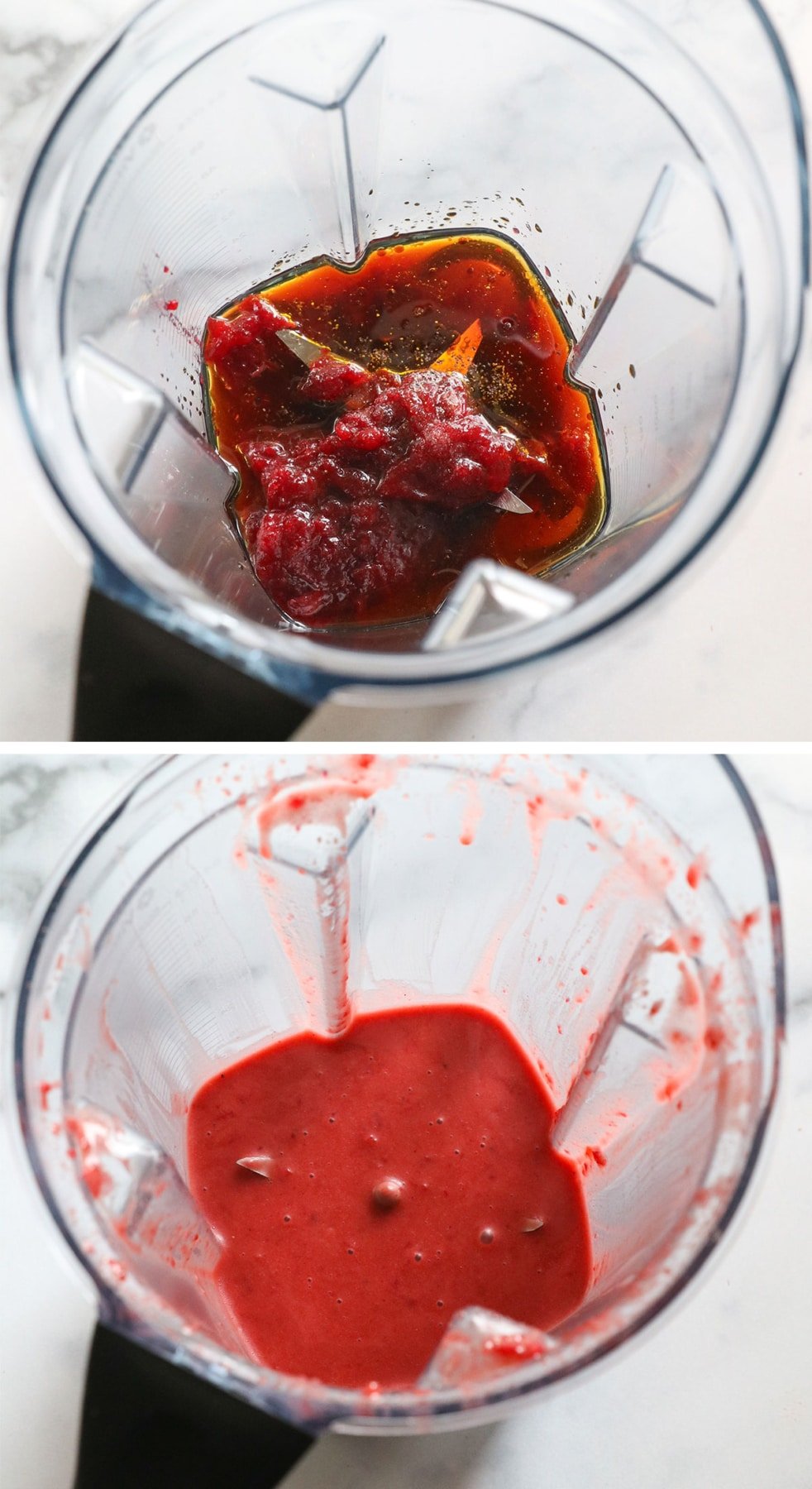 cranberry sauce, olive oil, vinegar, and water blended together in a blender container. 