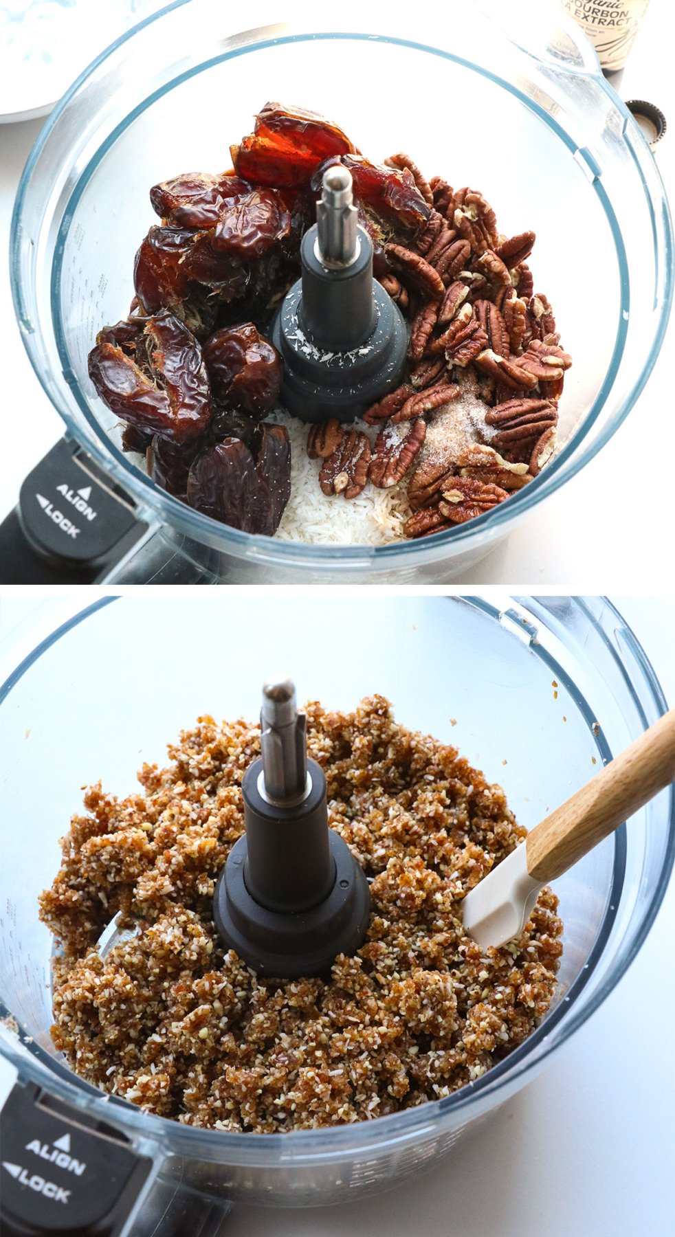 pecans, pitted dates, coconut, vanilla, and salt processed in a food processor. 