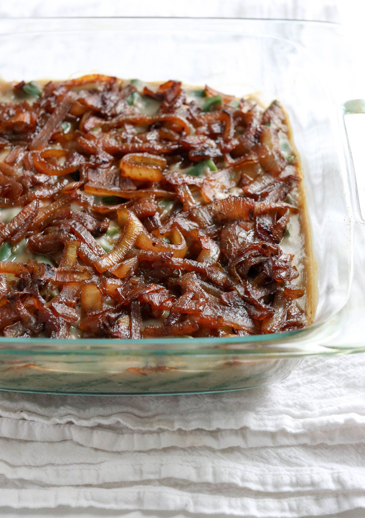 healthy green bean casserole with caramelized onions