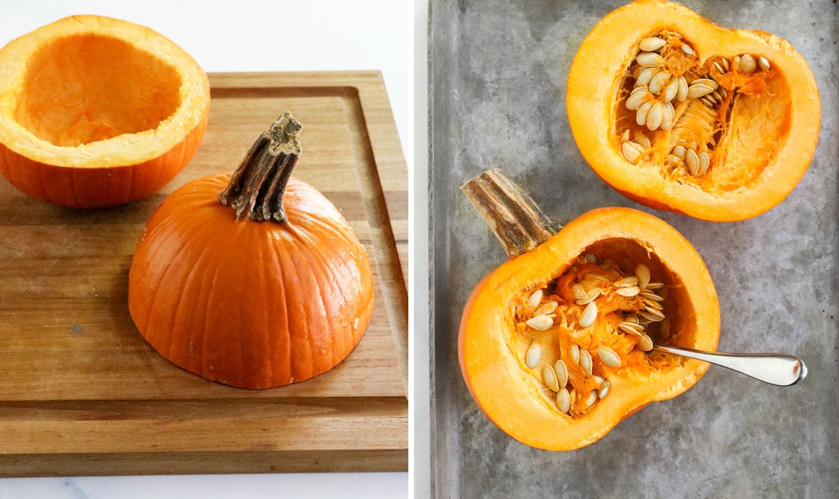 two pumpkins cut in half