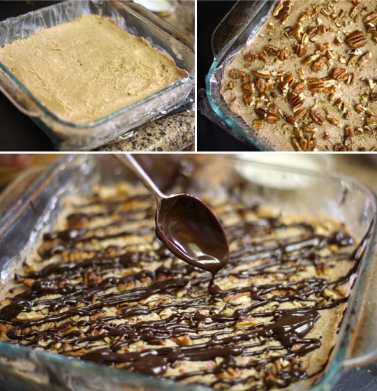sprinkling pecans and drizzling chocolate on top of pecan bars