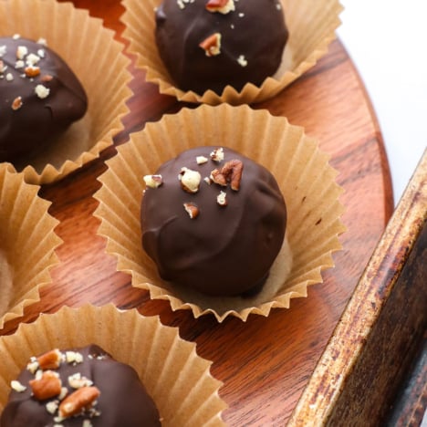 pecan pie truffles coated in chocolate.
