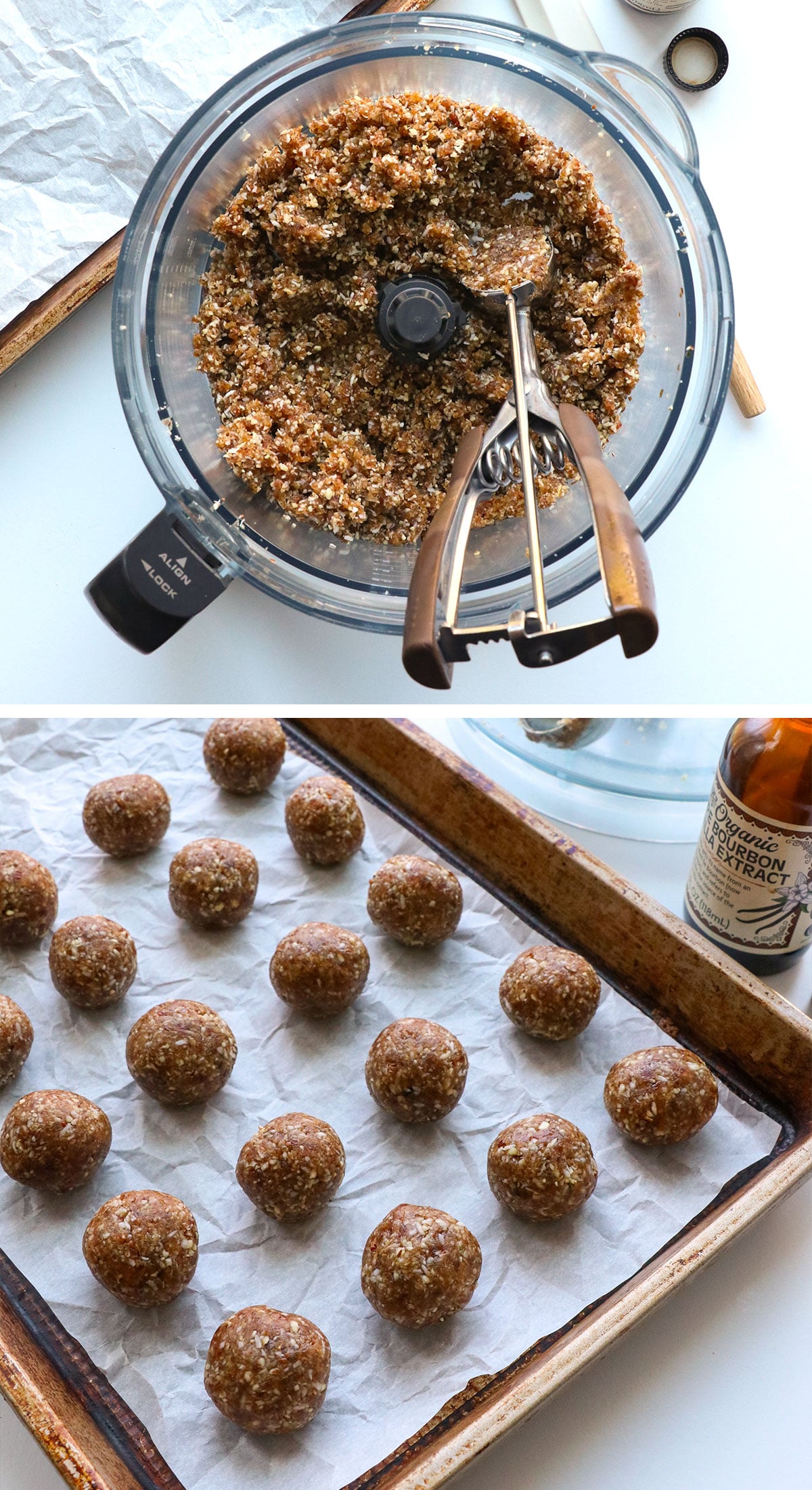 pecan pie mixture rolled into balls and arranged on a pan.