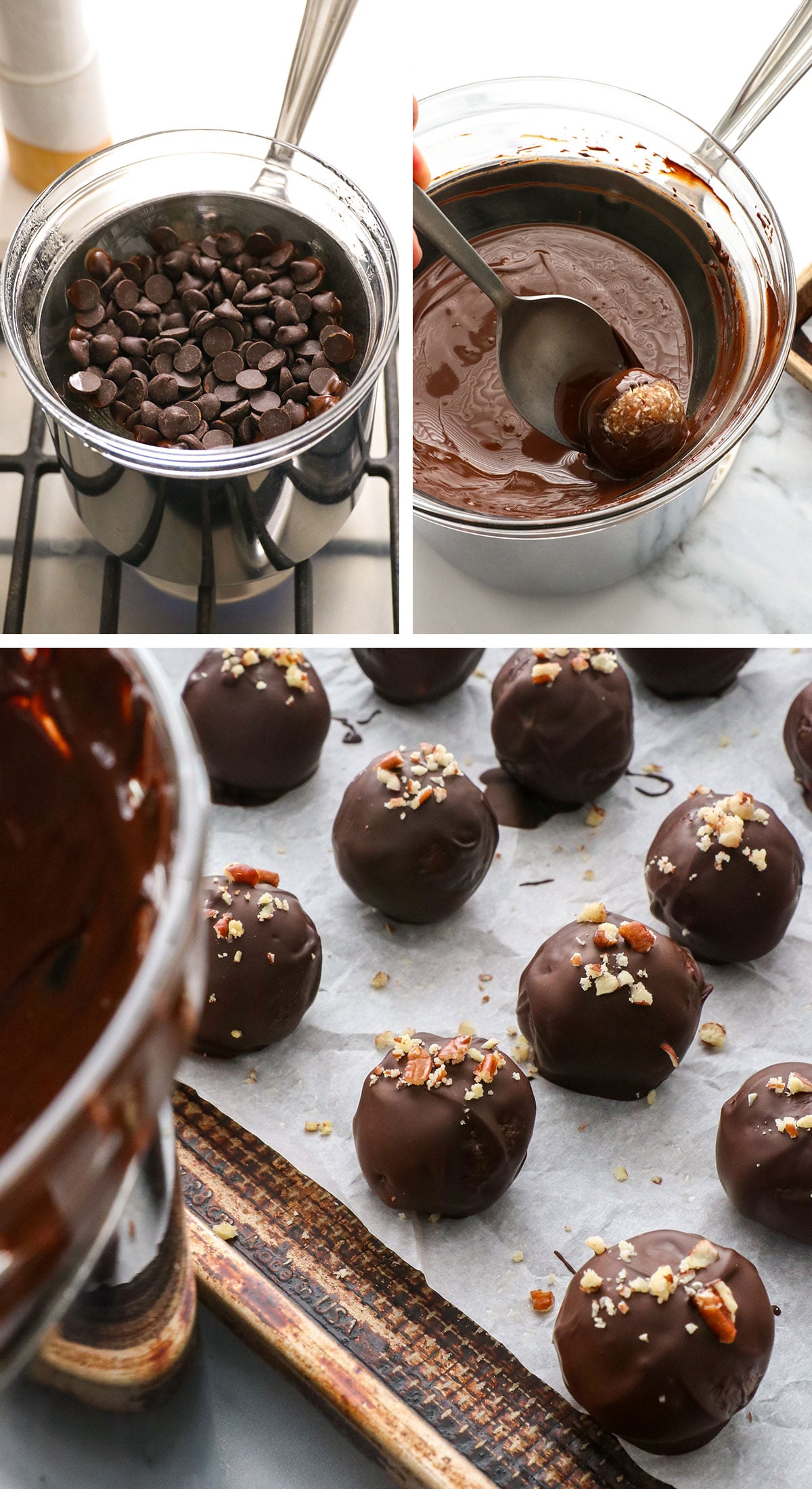 chocolate chips melted and coating the pecan truffles on a pan.