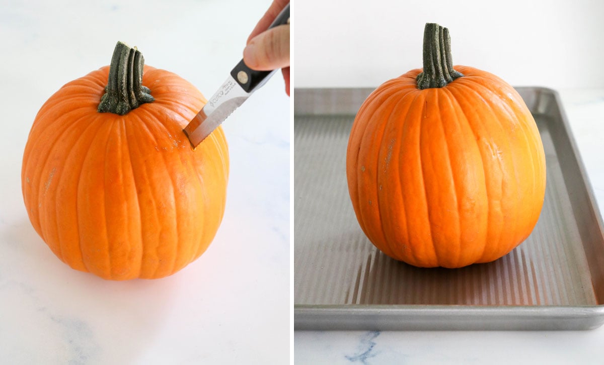 whole pumpkin on sheet pan